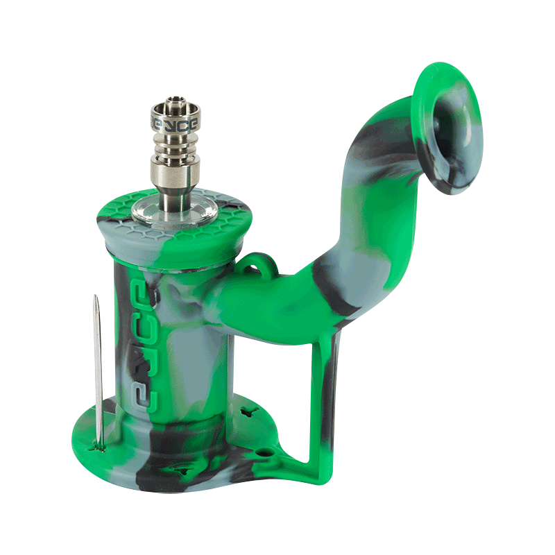 Angled close-up of the green and black smoke EYCE Rig II Silicone Bong showing its curved mouthpiece, textured top, and metal nail.