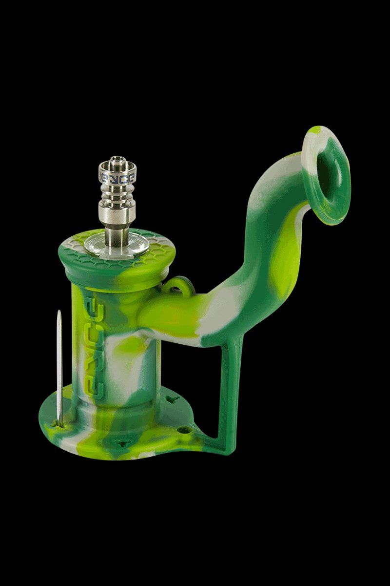 Angled side view of an Epic Teal EYCE Rig II Silicone Bong with green, white, and yellow marbling against a black background.