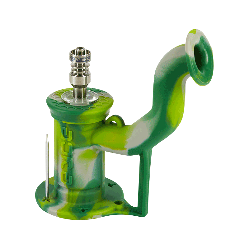 Angled front view of the green-and-yellow marbled EYCE Rig II Silicone Bong with its curved mouthpiece and metal bowl inserted.