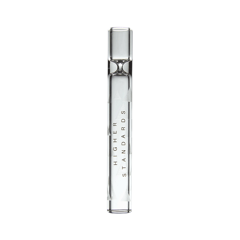 Centered vertical shot of the clear Higher Standards Glass Taster tube with subtle etched branding on a white background
