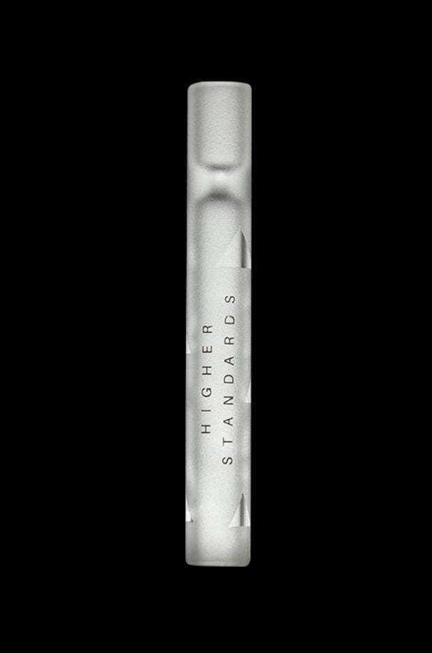 Vertical frosted glass tube photographed centered on black, showing "Higher Standards Glass Taster" printed vertically and subtle textured highlights.