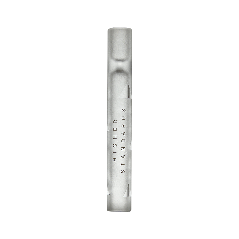 Centered vertical shot of the frosted glass tube labeled "Higher Standards Glass Taster" on a white background.