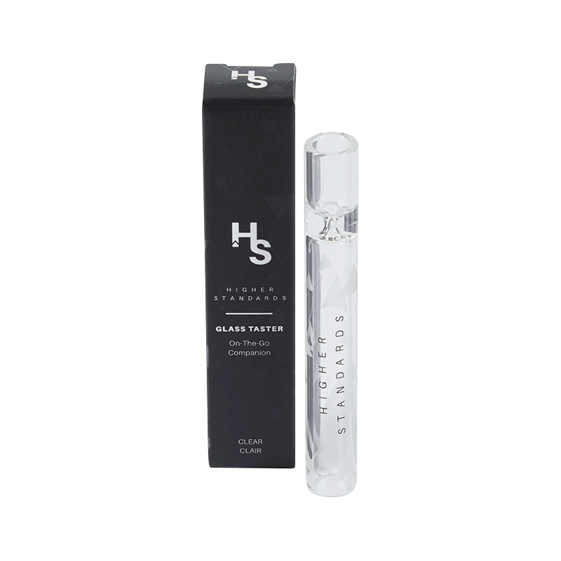 Studio-lit front view of the Higher Standards Glass Taster standing clear next to its black branded box.