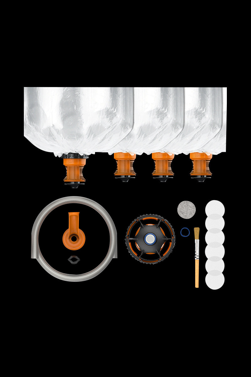 A top-down view of the Volcano Hybrid Starter Set, displaying multiple clear glass bags arranged in a row on a black background.