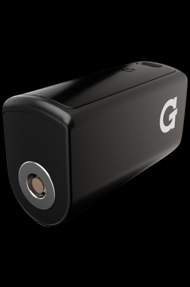 Angled close-up of the black G Pen Connect Battery showing its matte rectangular body, rounded end cap and white "G" logo on a black background