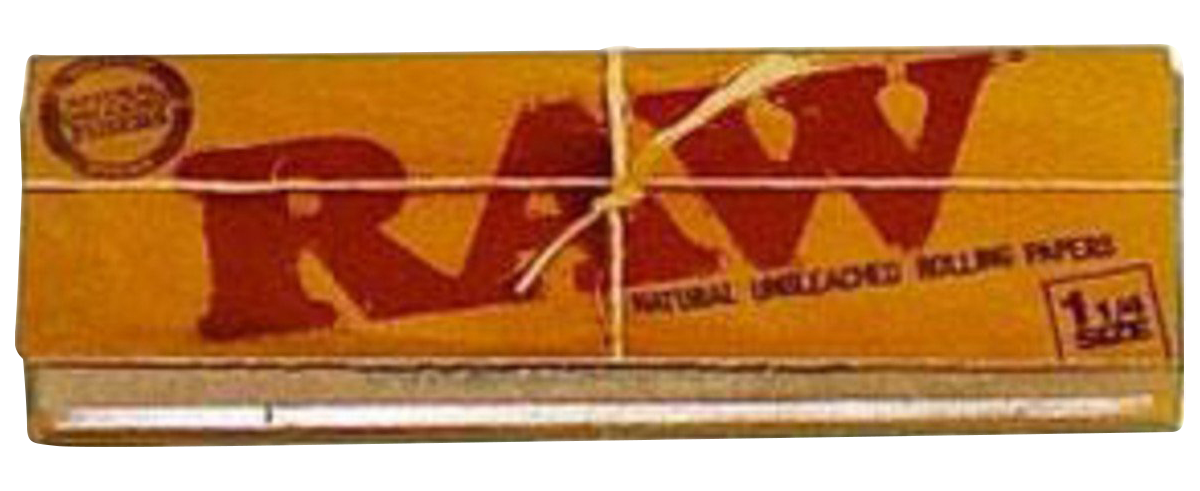 A close-up, angled view of the RAW Classic 1 1/4" Rolling Papers package, displaying the brand's logo on a brown paper background.