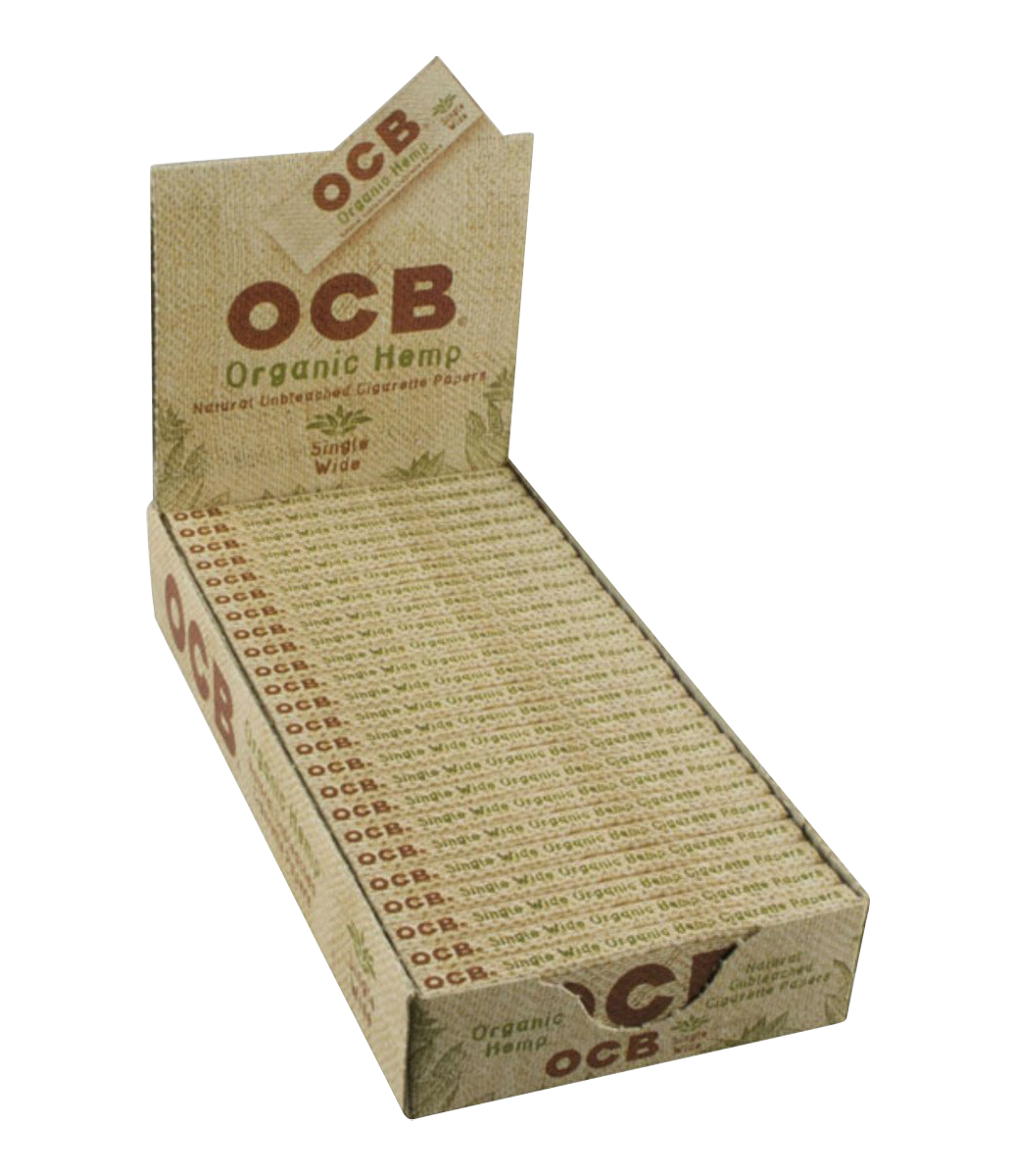 A close-up, angled view of OCB Organic Hemp Rolling Papers - Single Wide, showcasing the green packaging and branding.