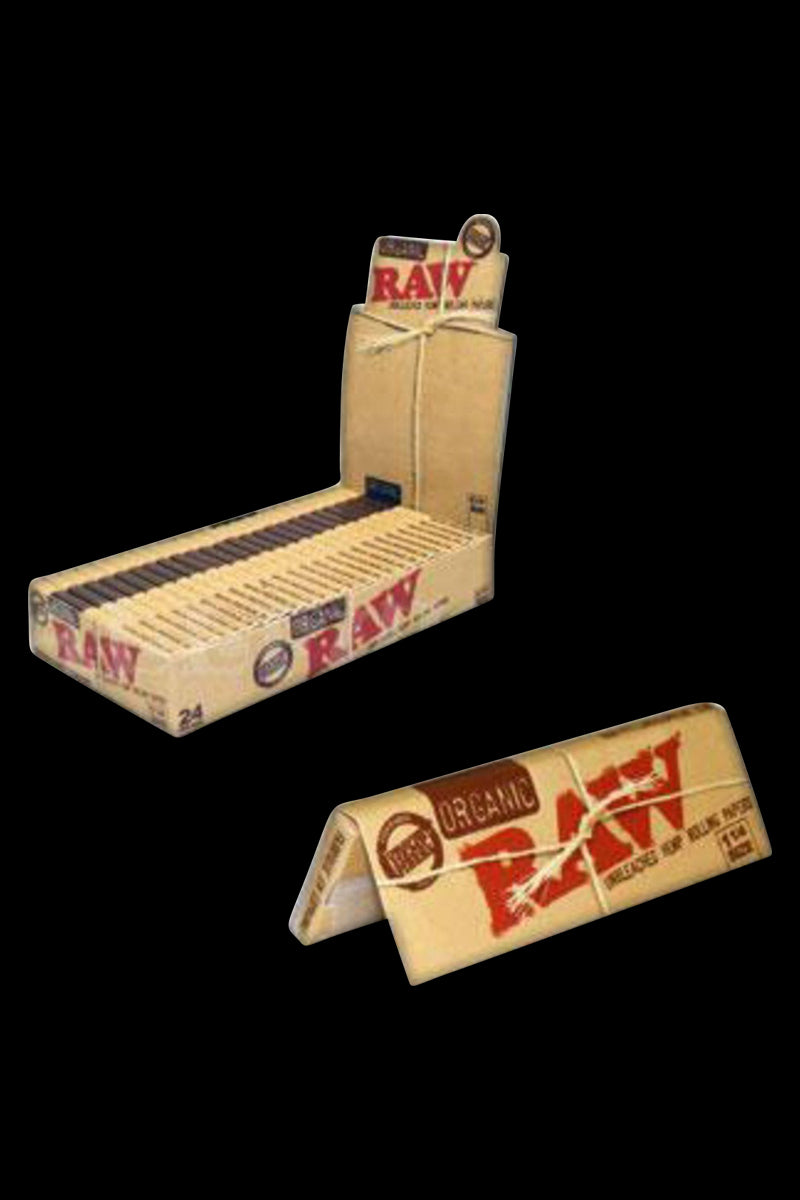 A slightly angled view of the 24-pack of RAW Organic Hemp 1 1/4 Rolling Papers, displaying the branded packaging.