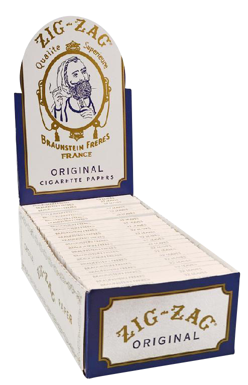 Front view of the Zig Zag White Single Wide Rolling Papers displayed in a 24-pack cardboard box with vintage branding.