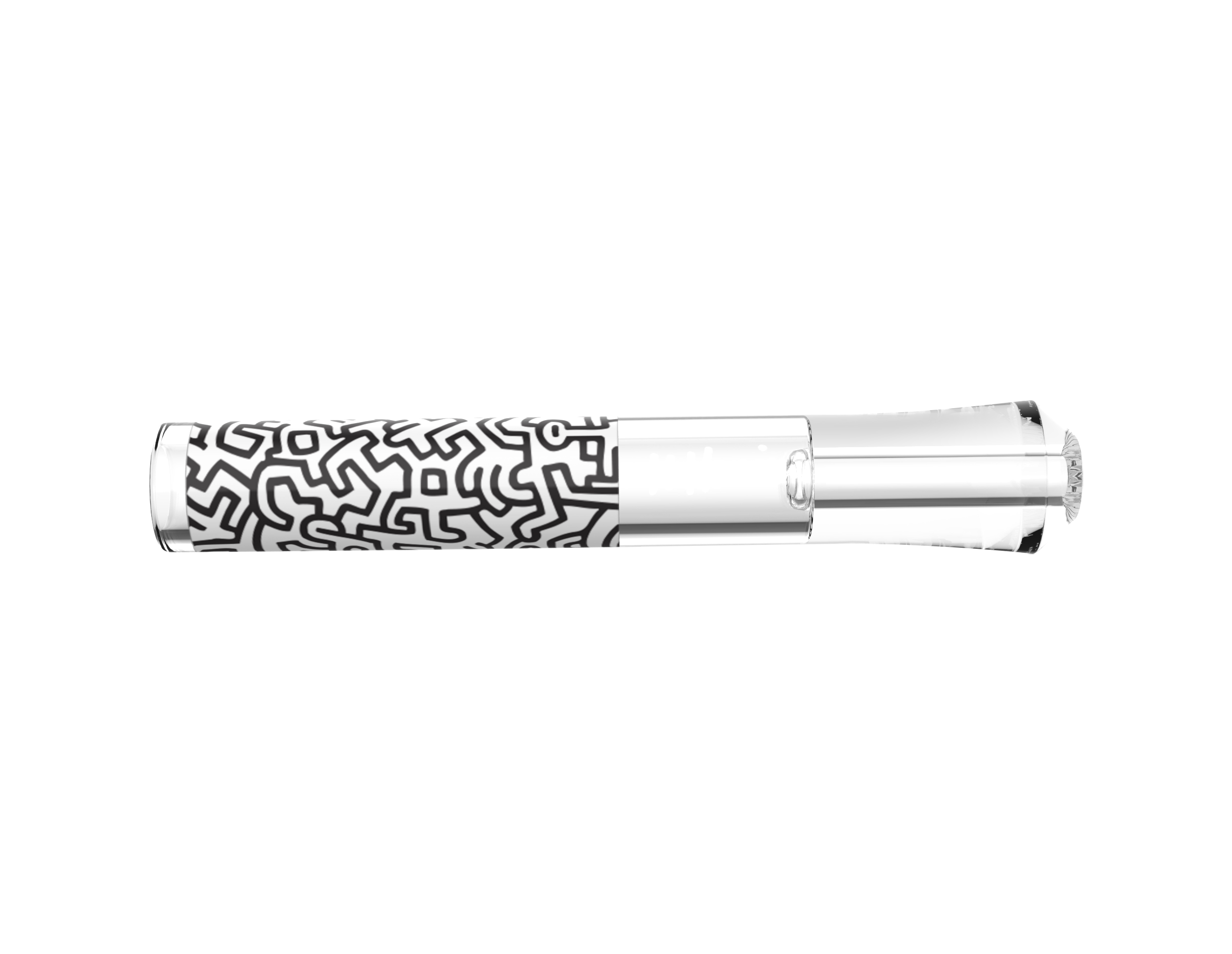 A close-up, side view of the K.Haring Taster Chillum Pipe, displaying its patterned design against a plain white backdrop.