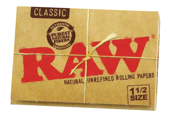 Close-up of a pack of RAW Classic 1 1/2" Rolling Papers, showing the branded packaging in a simple, straightforward shot.