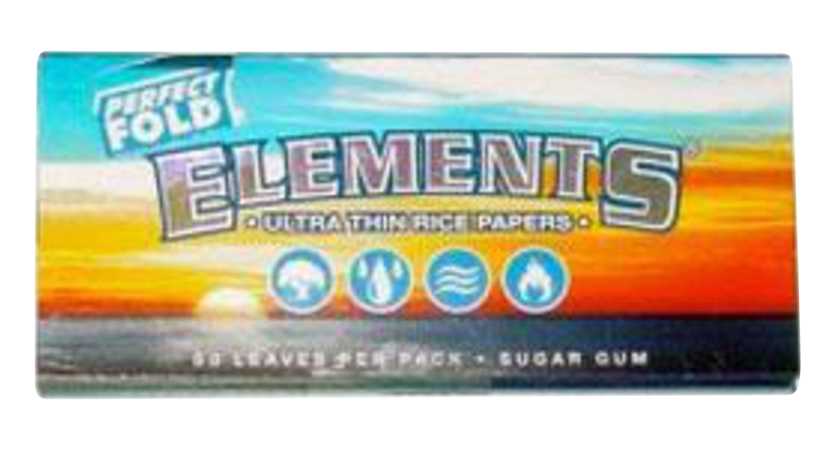 Front view of the Elements Ultra Thin Perfect Fold Rice Rolling Papers package, featuring bold branding against a vibrant blue backdrop.