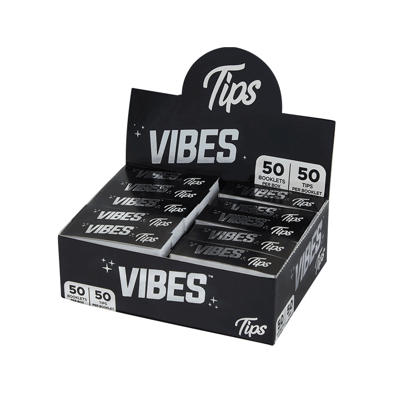 A slightly angled close-up of the VIBES Rolling Tips Box - 50 Pack, displaying the branded packaging with a clean, minimalist design.