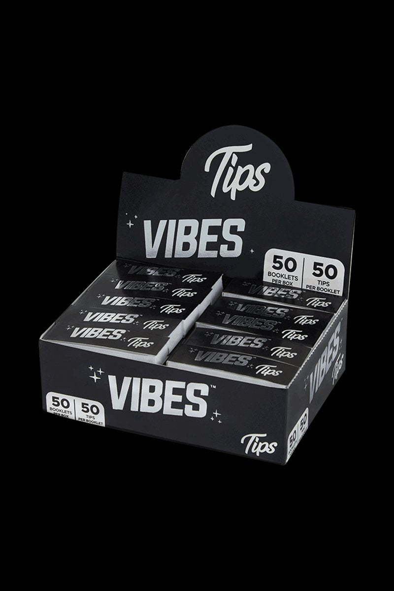 Front view of the VIBES Rolling Tips Box, displaying a pack of 50 tips with a bold, graphic design.