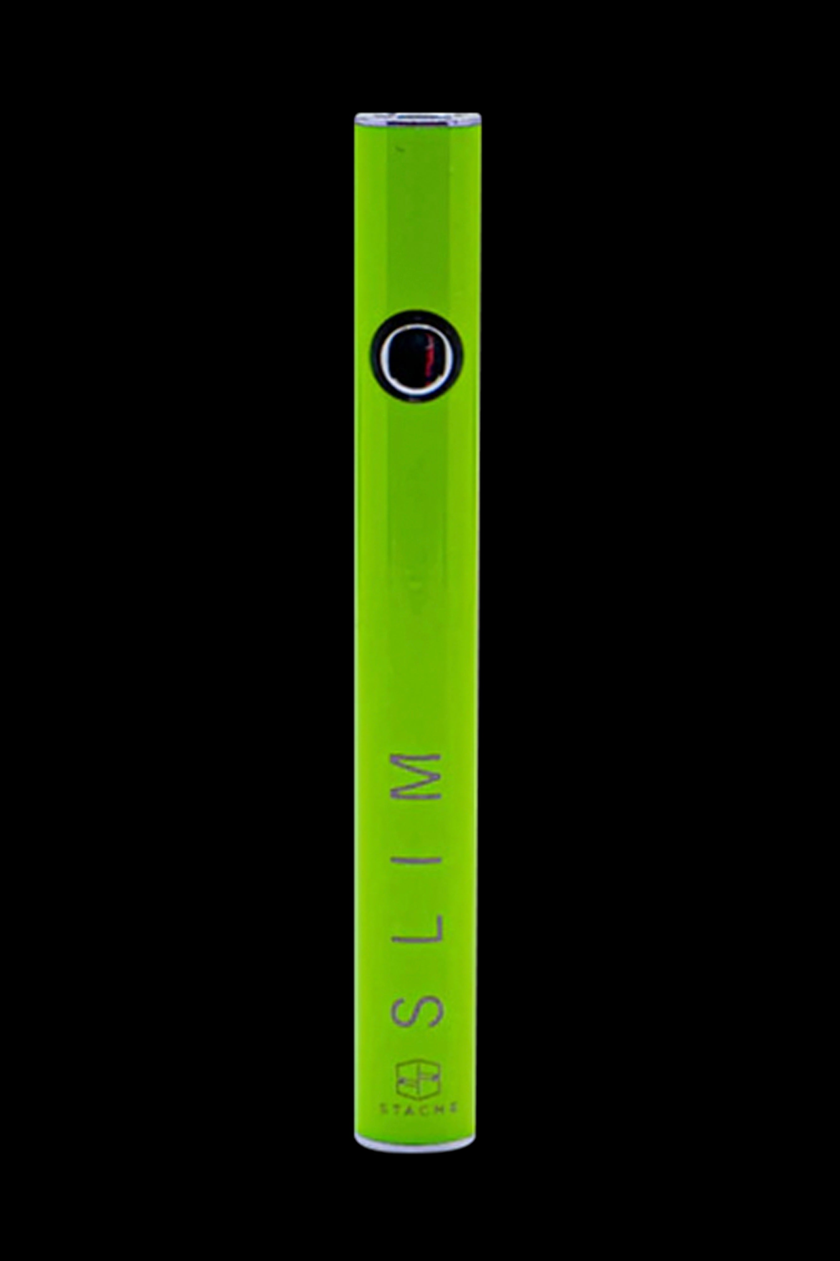 Bright green cannabis vape pen with “SLIM” vertically printed along the side.