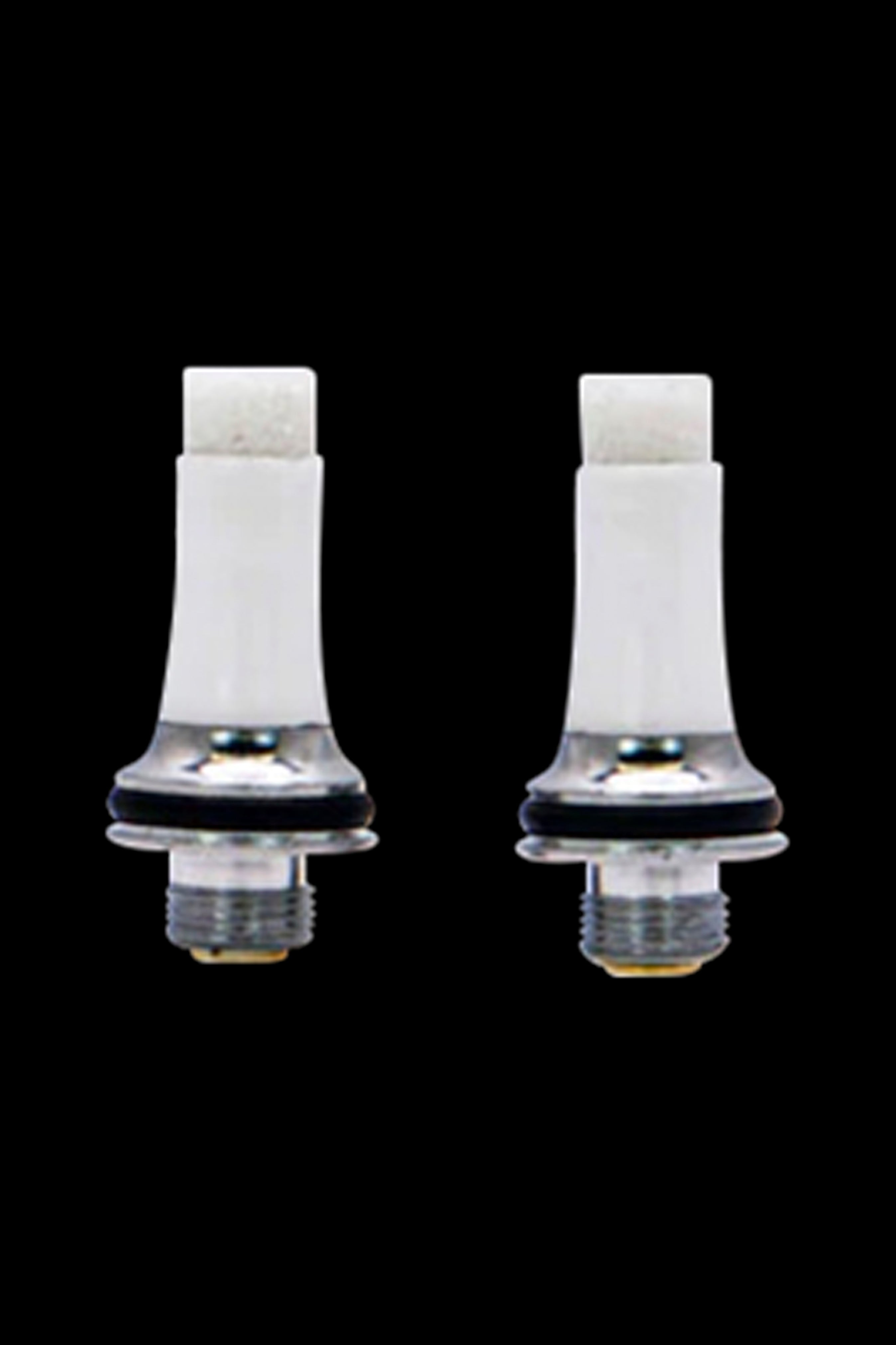 Two white cannabis vape cartridge attachments against a black background.