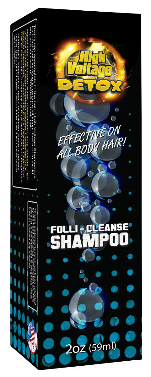 Front view of the 2oz High Voltage Detox Folli-Cleanse Shampoo bottle with vibrant text on a dark background.