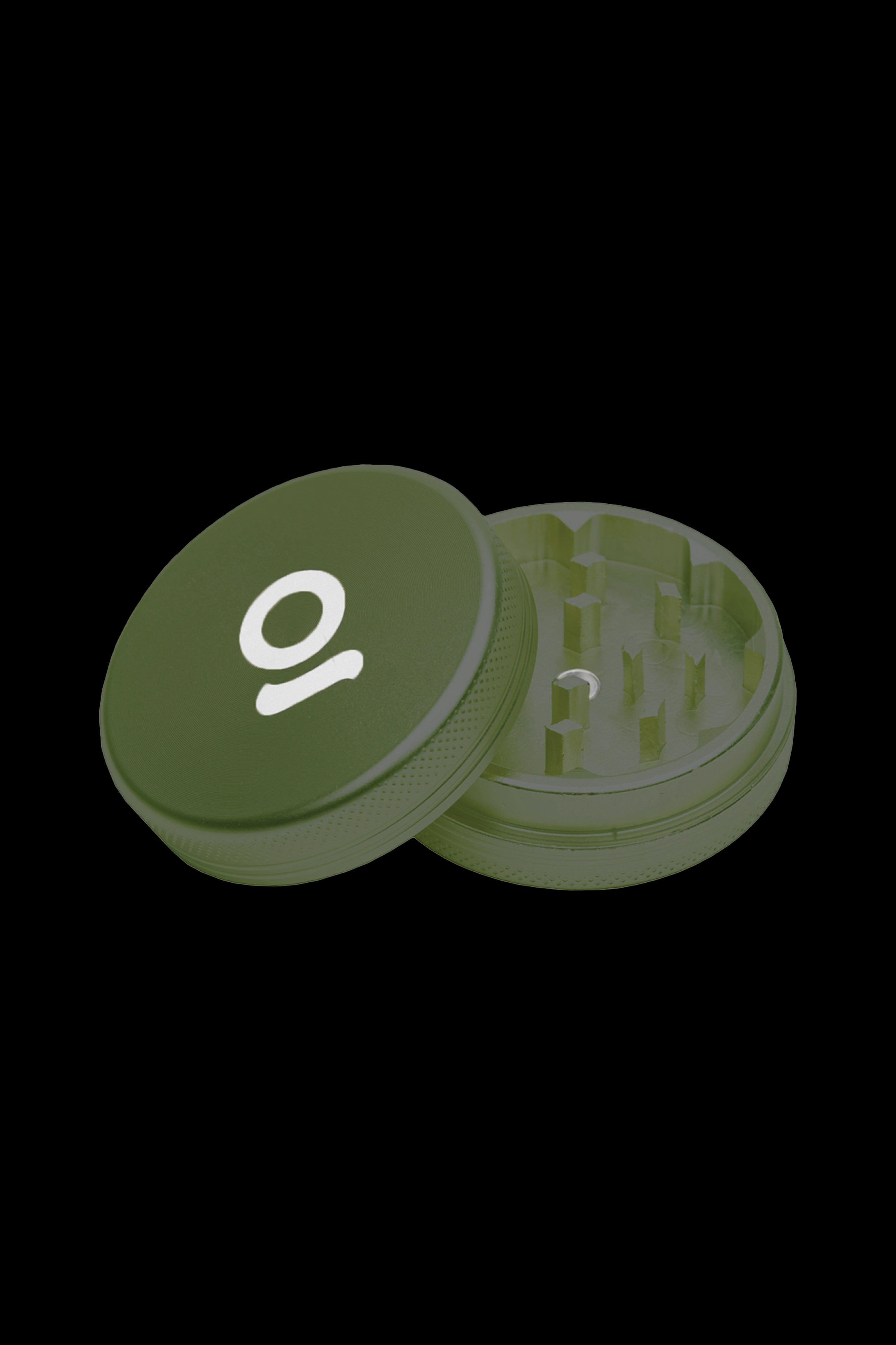 Olive green grinder with “01” imprinted on the lid, partially open to reveal the internal grinding teeth.