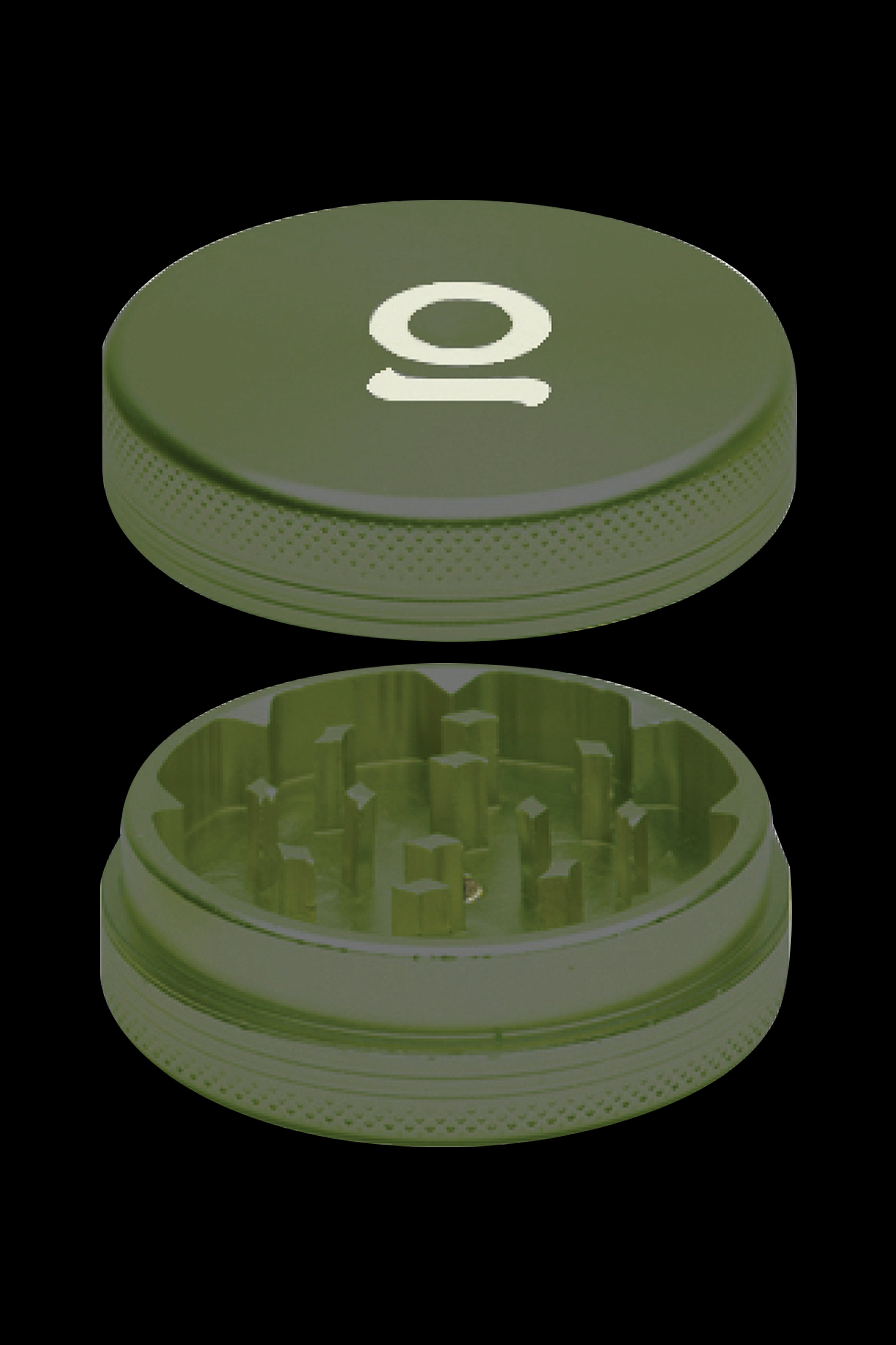 Olive green cannabis grinder, shown open and closed with a stylized "O" logo.