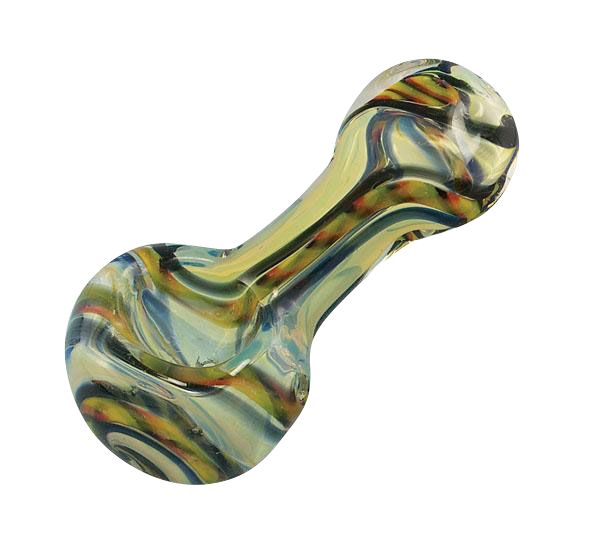 Top-down view of the Inside Out Cane Glass Pipe showing its swirled green, yellow, blue, and black glass pattern and rounded bowl.