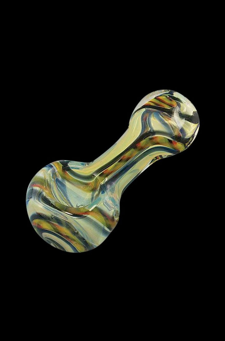 Angled close-up of the multicolored swirled glass "Inside Out Cane Glass Pipe" against a solid black background.