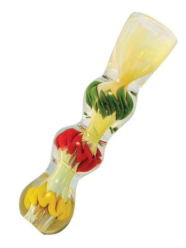 A close-up, angled view of the Rasta Color Fumed Chillum, showing a vibrant, colorful glass design.