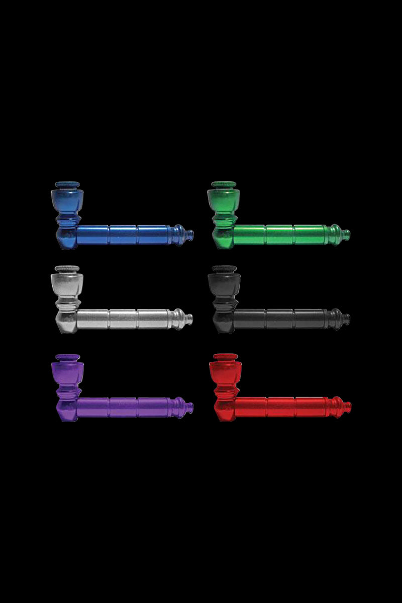 Front view of the Aluminum Smoking Pipe with Lid, showcasing its metallic sheen and simple cylindrical design against a black background.