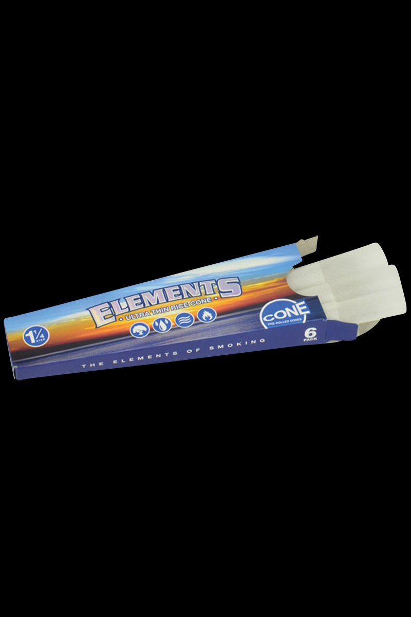 A front view of the 30-pack of Elements 1 ¼" Prerolled Cones with a blue-and-white patterned package.