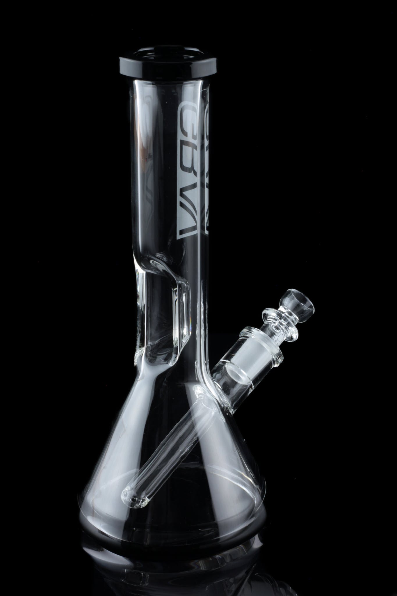 Clear glass bong with ice catch and branded lettering, isolated on black.