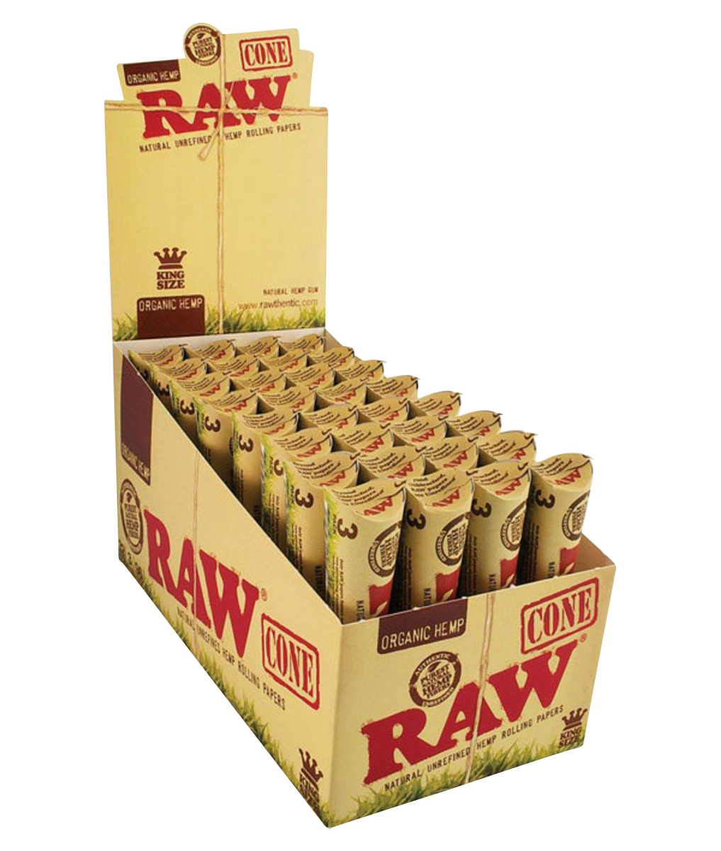 Front view of the RAW Organic Hemp Prerolled Kingsize Cones – 32 Pack, displayed in their packaging with a clear brand logo.