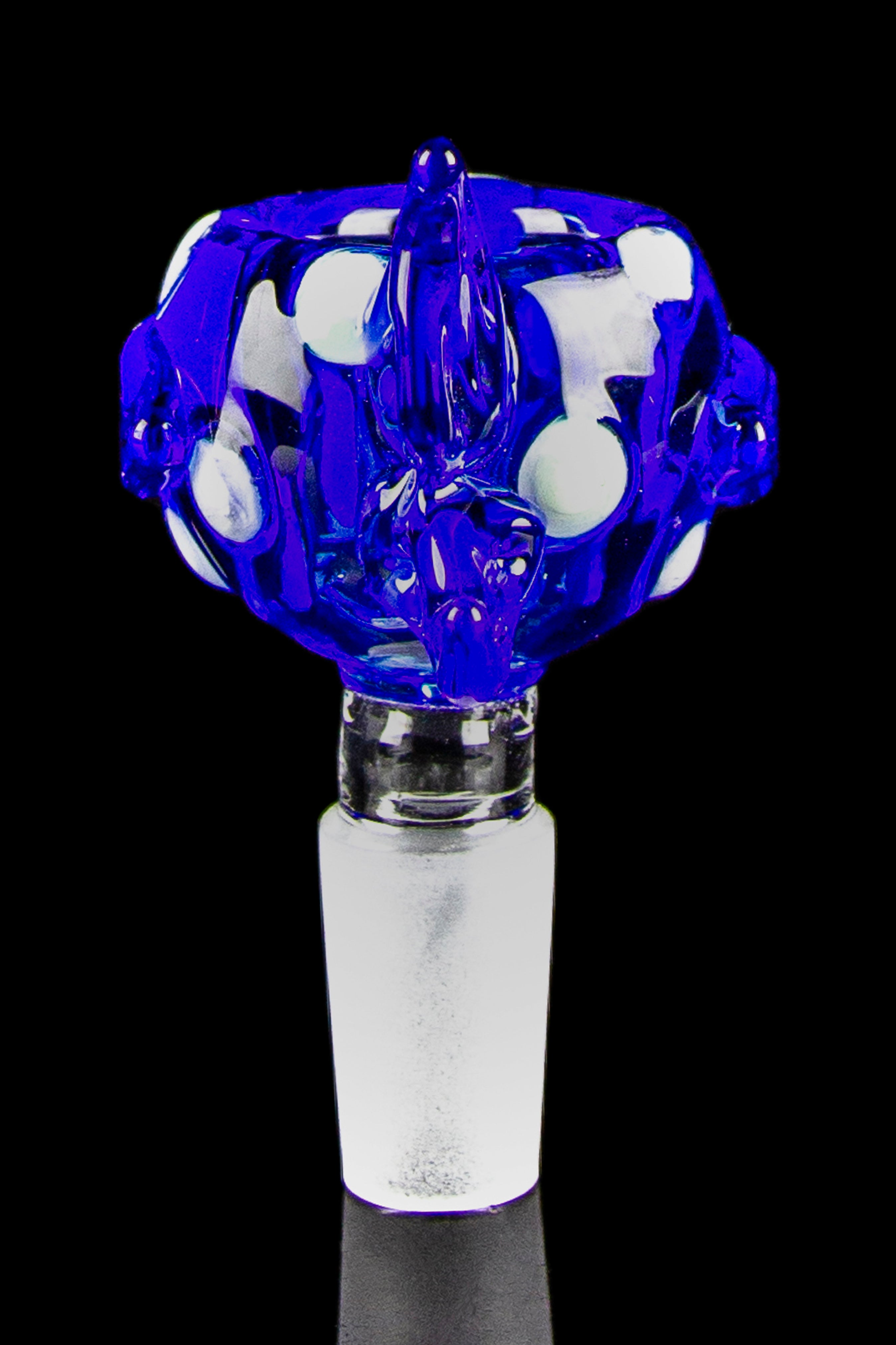Blue and white glass cannabis bowl with intricate bubble design.