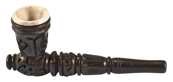 A side view of the Carved Wood Tobacco Pipe with Stone Bowl, showing a detailed, dark wood carving and a light-colored stone bowl.