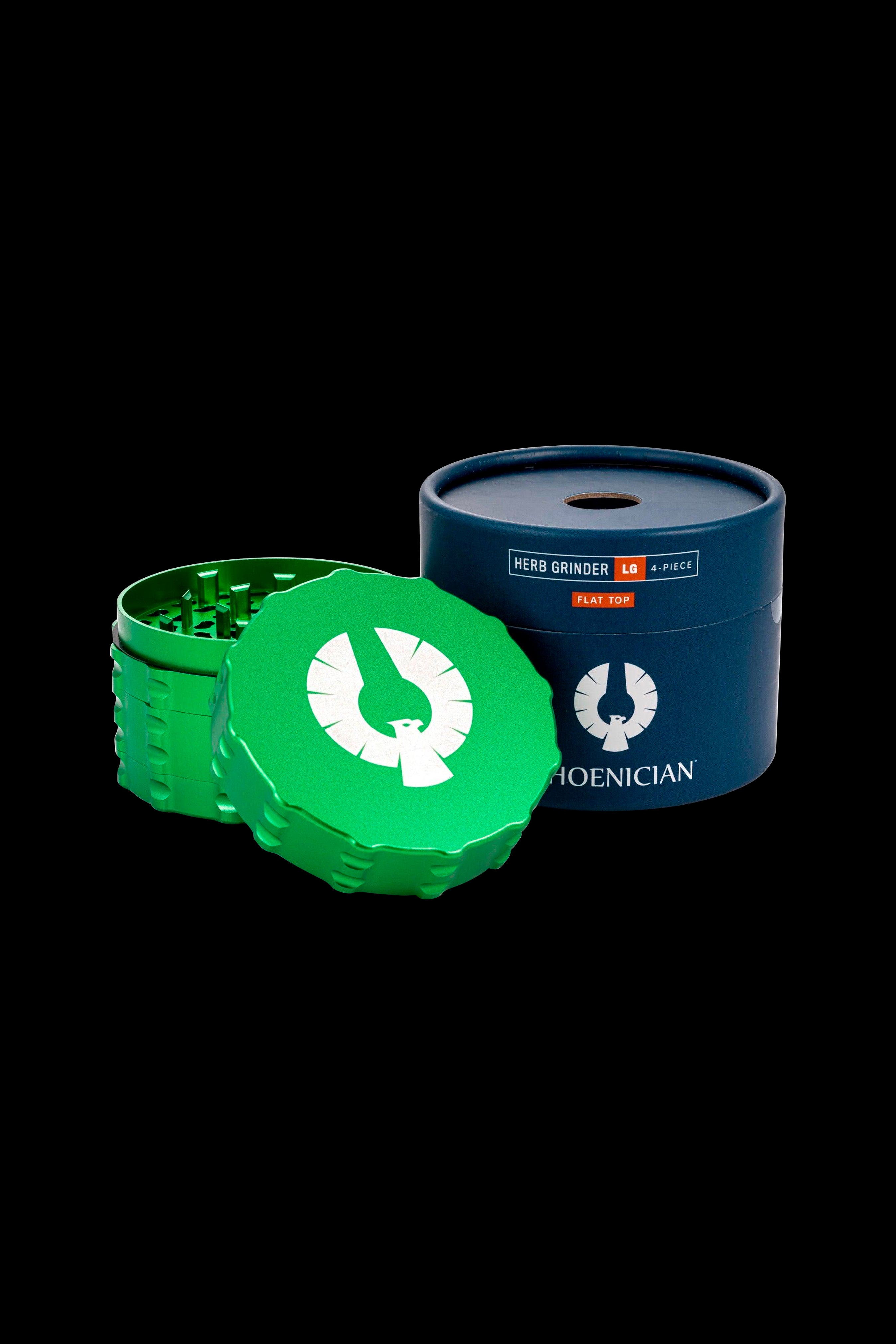 Emerald green metal cannabis grinder with a matching storage container, branded "Hoenician."