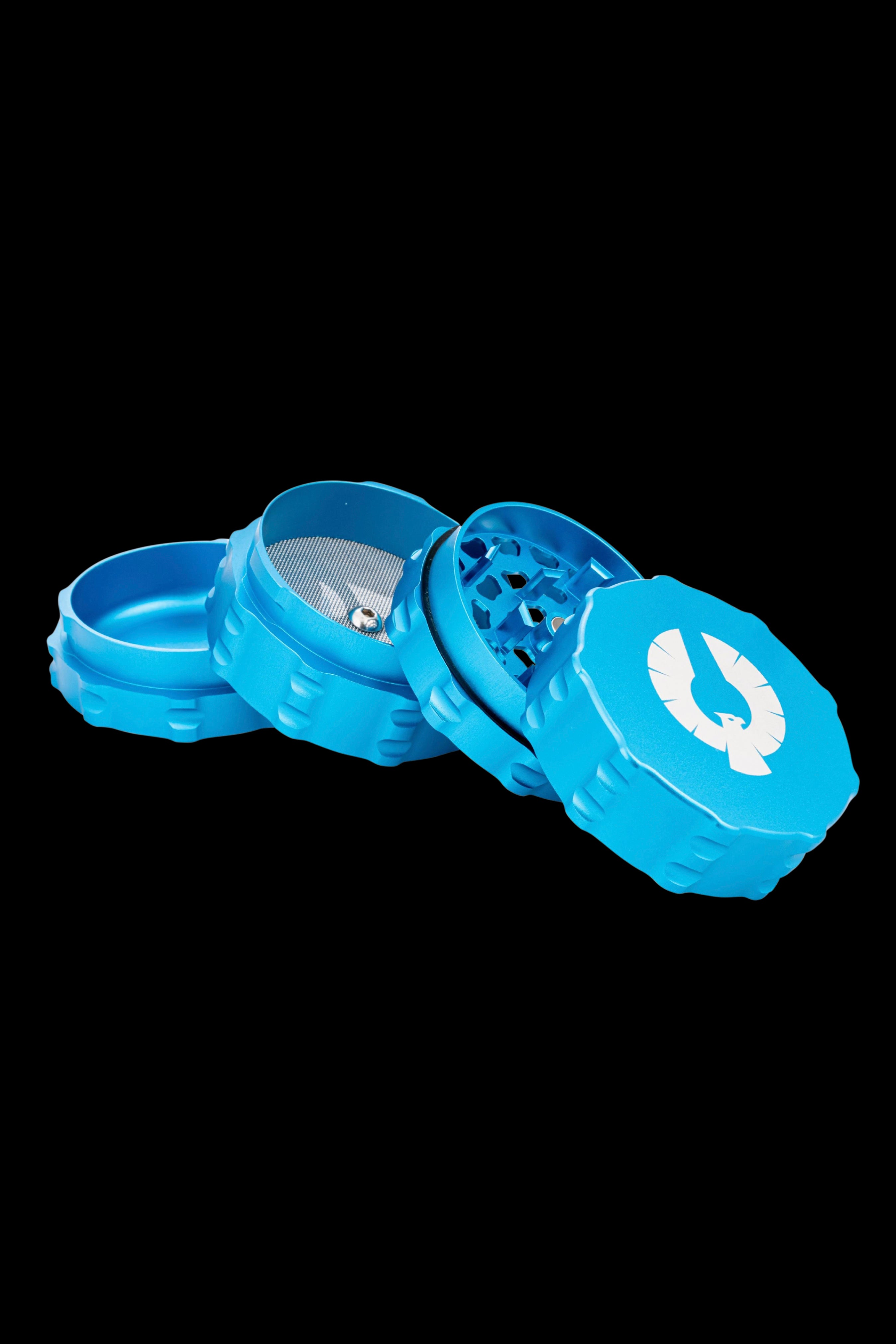 Blue four-piece cannabis grinder with a white horseshoe logo, disassembled to show internal components.