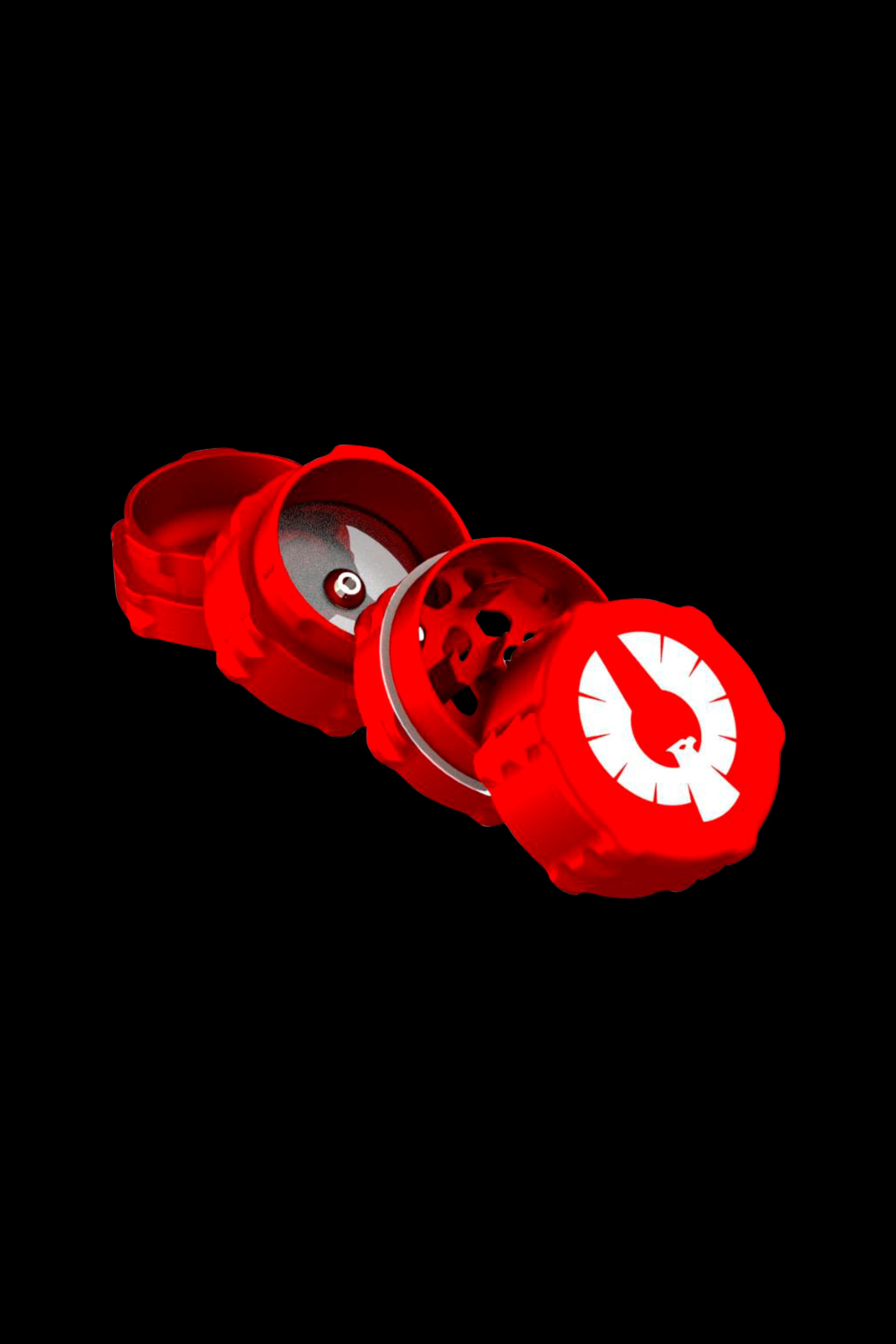 Red cannabis grinder with a white U-shaped logo, partially open to reveal the internal components.