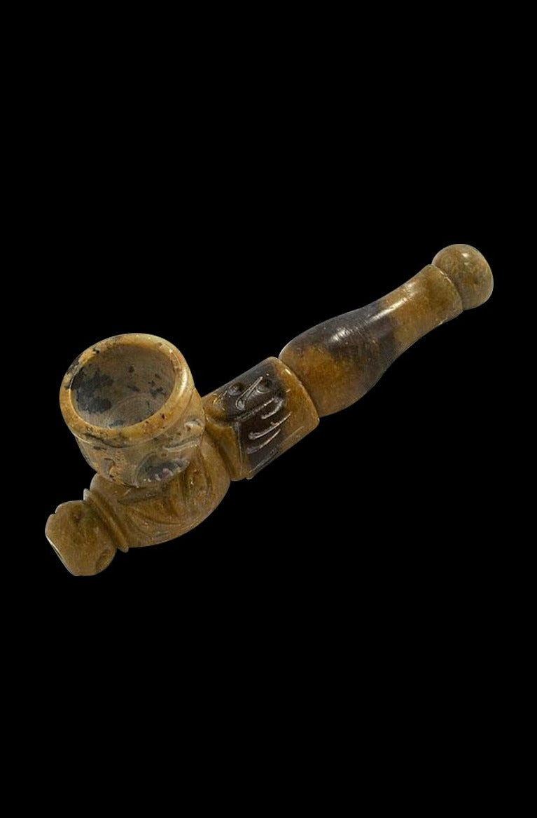 Angled close-up of a carved Multicolored Marble Stone Pipe on a black background, showing its rounded bowl and tapered stem.
