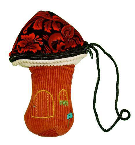 Front view of the ThreadHeads Corduroy Mushroom Padded Pouch, showing a colorful, patterned mushroom shape with a looped cord.
