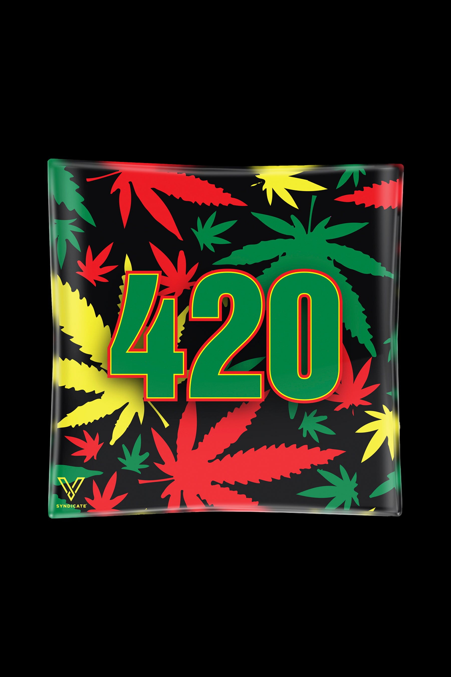 A square glass ashtray with a black background and vibrant red and green cannabis leaf patterns, featuring the numbers "420" in bold, luminous yellow.