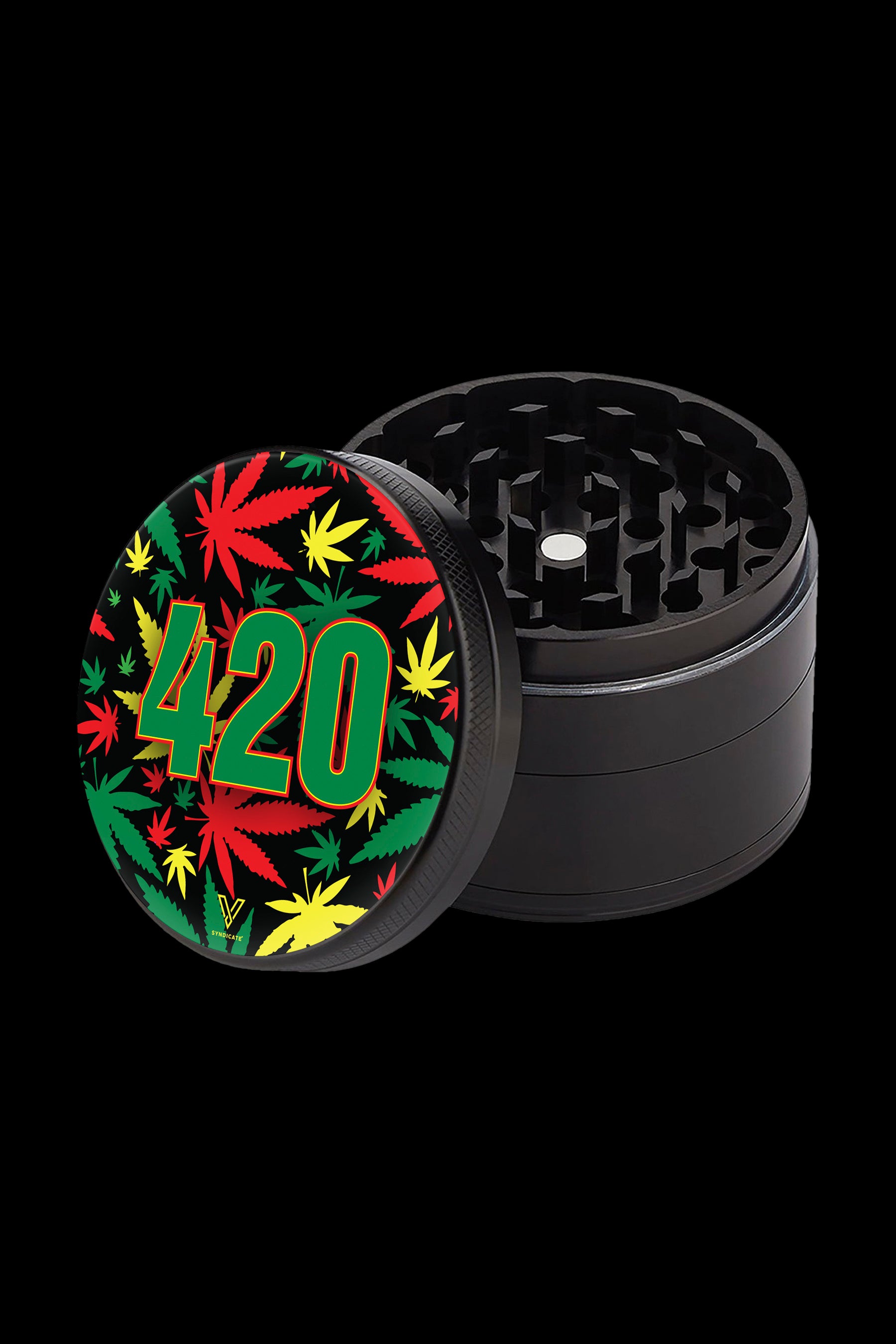 Black metal grinder with a lid displaying the number “420” amidst cannabis leaf graphics.