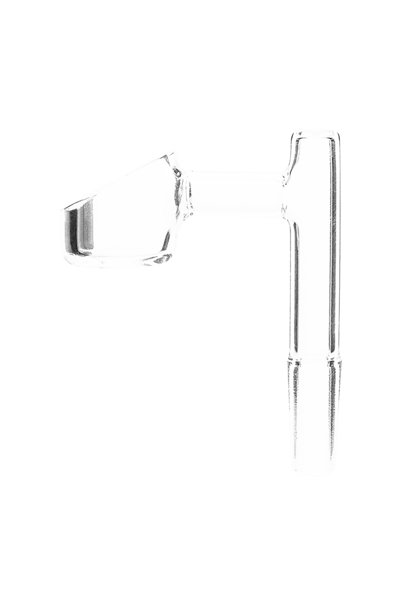 Close-up studio shot of the GRAV® 90° Quartz Banger with 10mm Male Joint, showcasing its clean, angled design against a neutral backdrop.