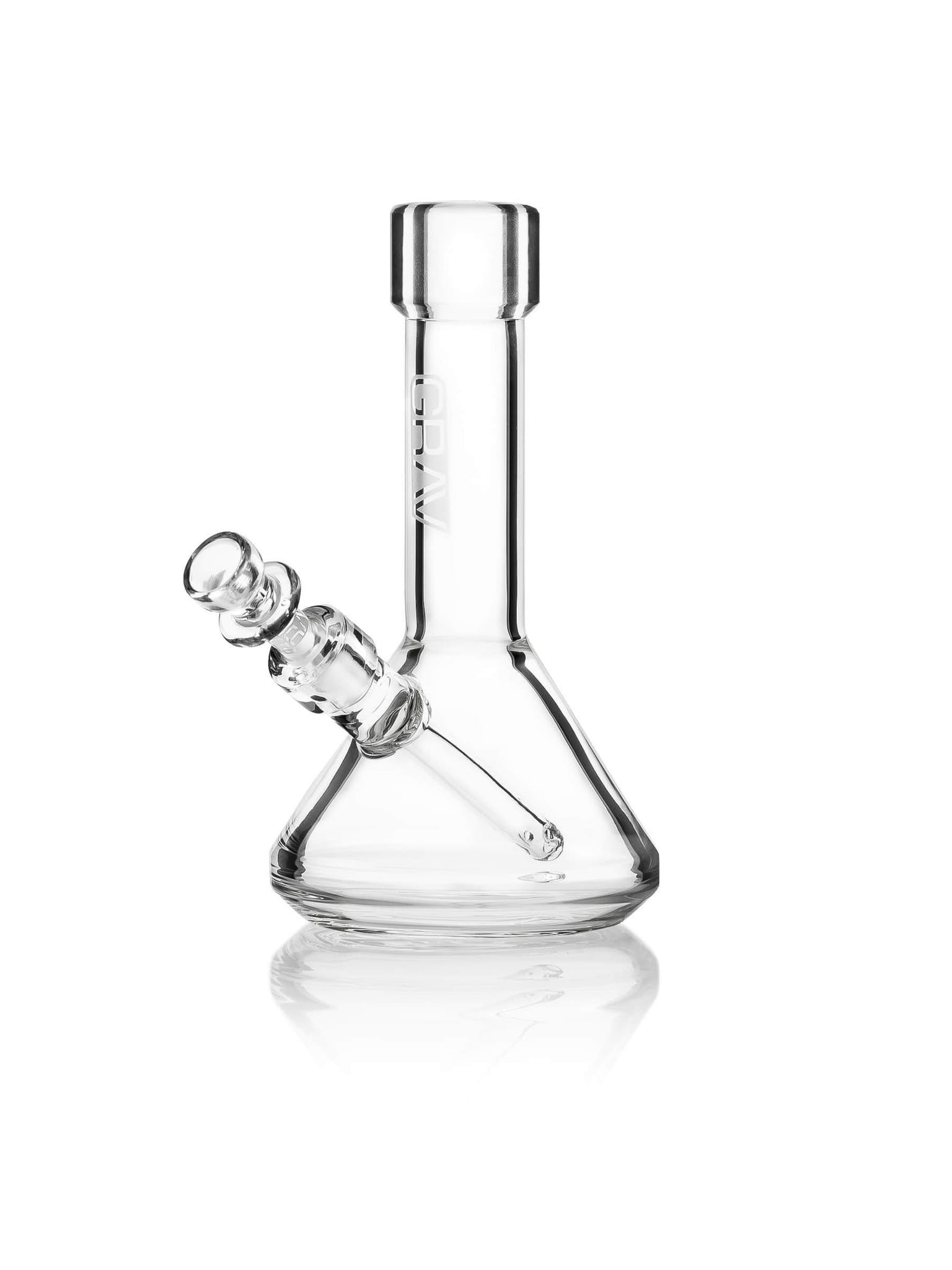 Front view of the GRAV® Mini Beaker, a clear glass piece with a classic beaker shape and simple design.