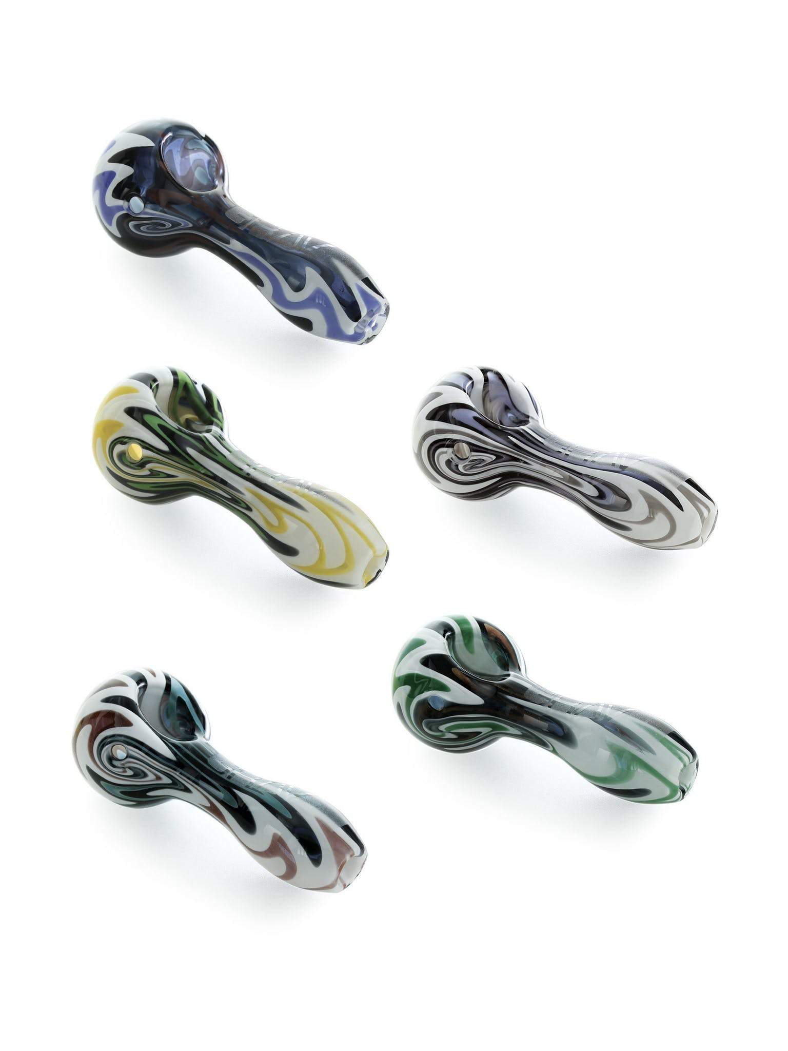 A close-up, angled view of the GRAV® Classic WigWag Spoon Pipe, showcasing its curved glass body and bowl.