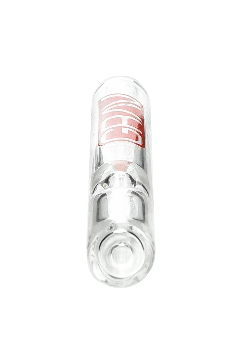 Front view of the GRAV® Clear Classic Steamroller, displaying the clear glass pipe angled against a plain white background.