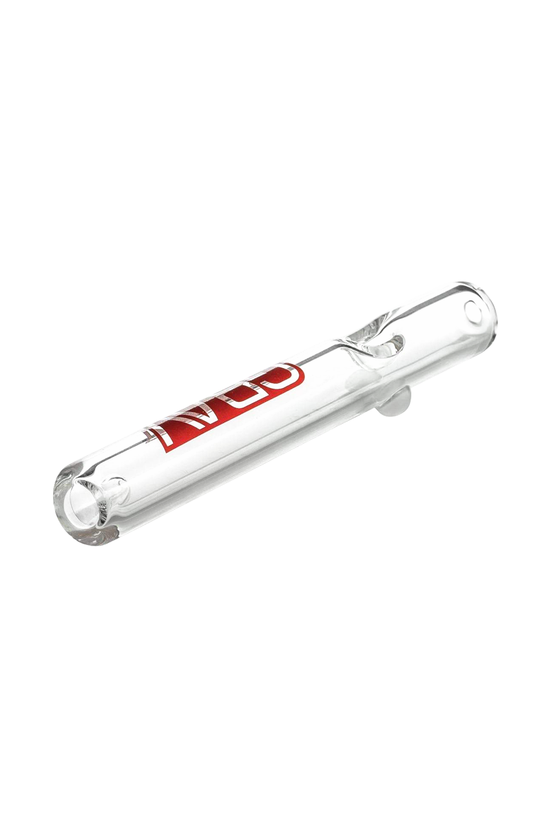 A side view of the GRAV® Clear Classic Steamroller, showcasing its transparent glass construction and simple cylindrical shape.