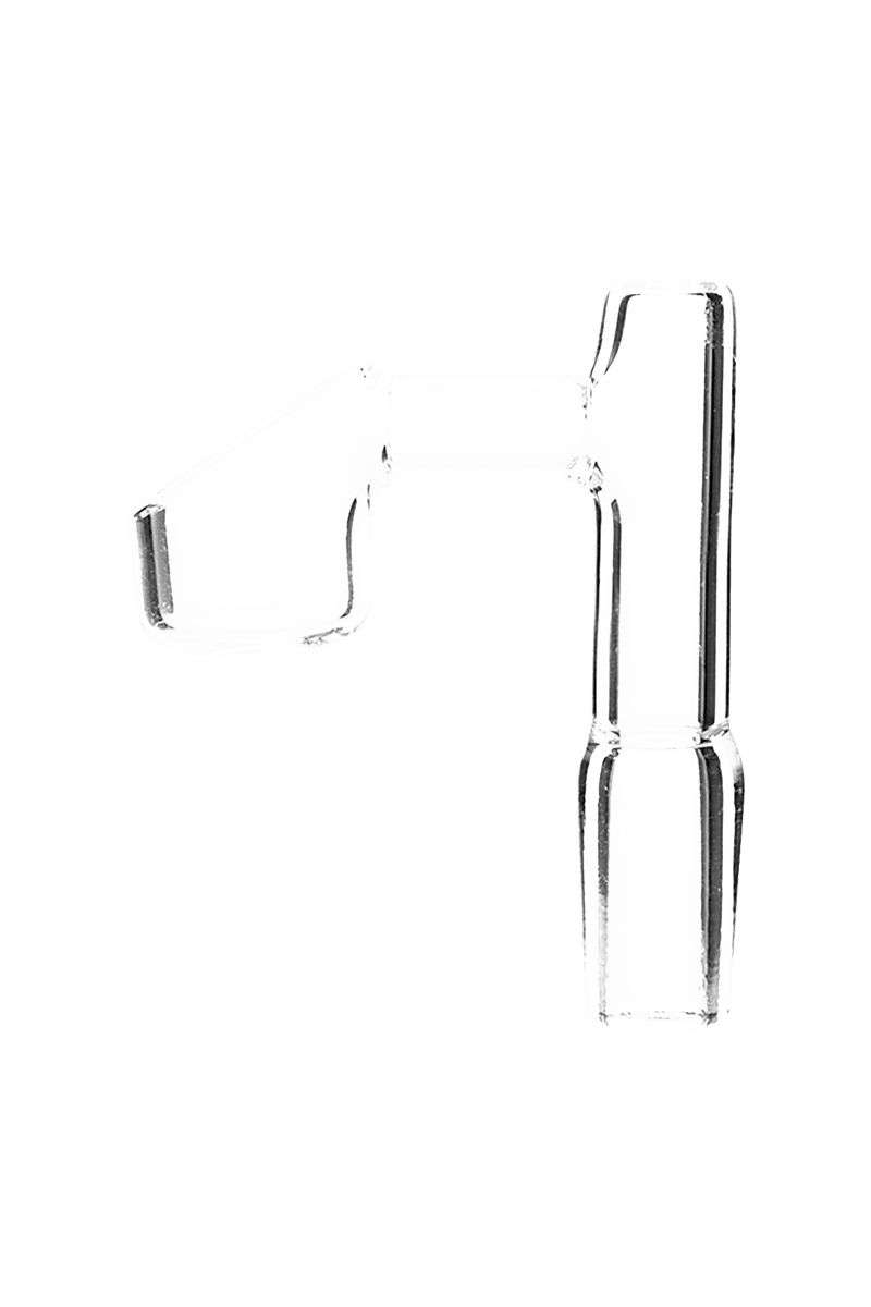 A close-up, angled view of the GRAV® 14.5mm 90° Male Banger, showcasing its polished glass construction.