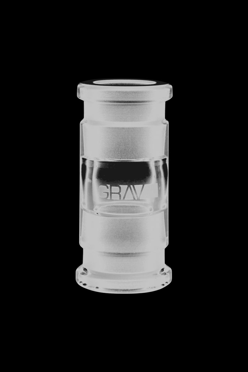 A straight-on view of the GRAV® 18.8mm Female to Female Straight Adapter, showcasing its clear glass construction.