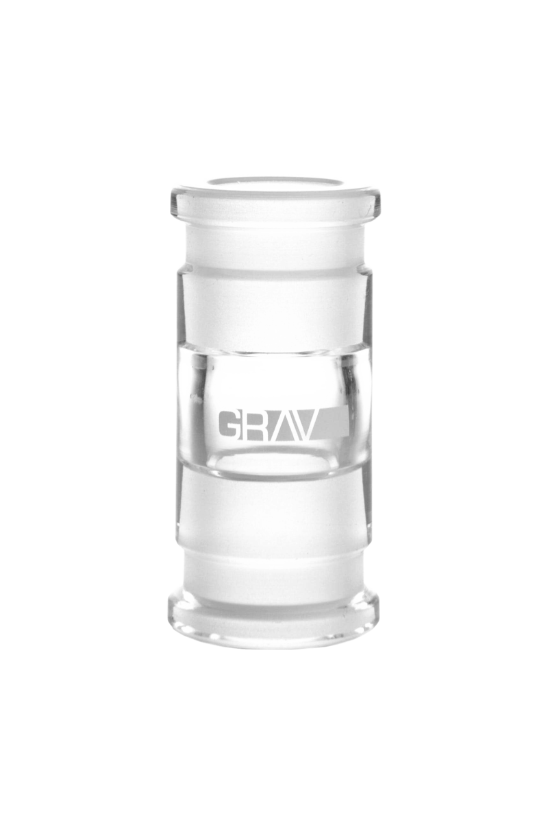 A straight-on view of the GRAV® 18.8mm Female to Female Straight Adapter, made of clear glass.