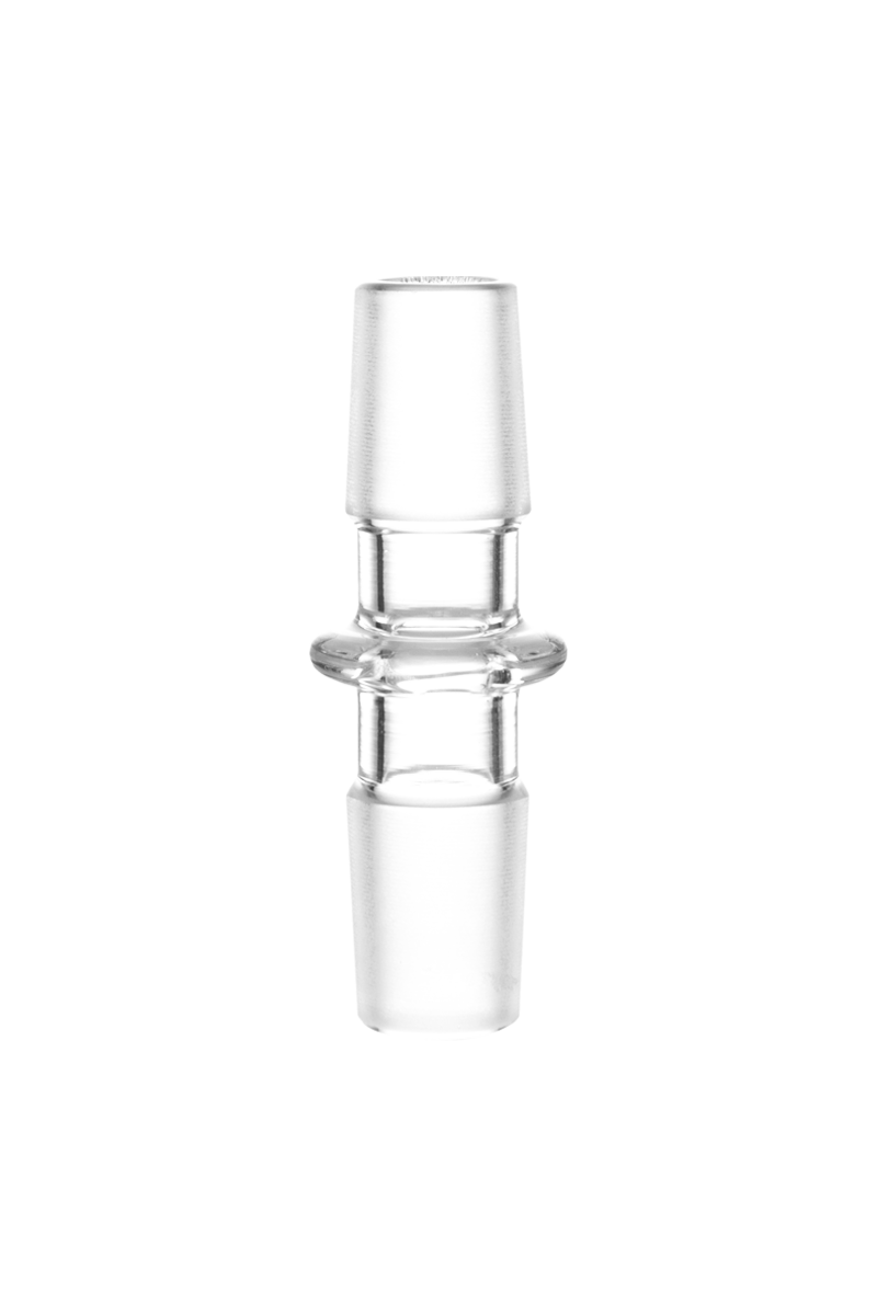 A close-up, angled view of the GRAV® 18.8mm Male to Male Glass Adapter, showcasing its clear glass construction and joint connections.