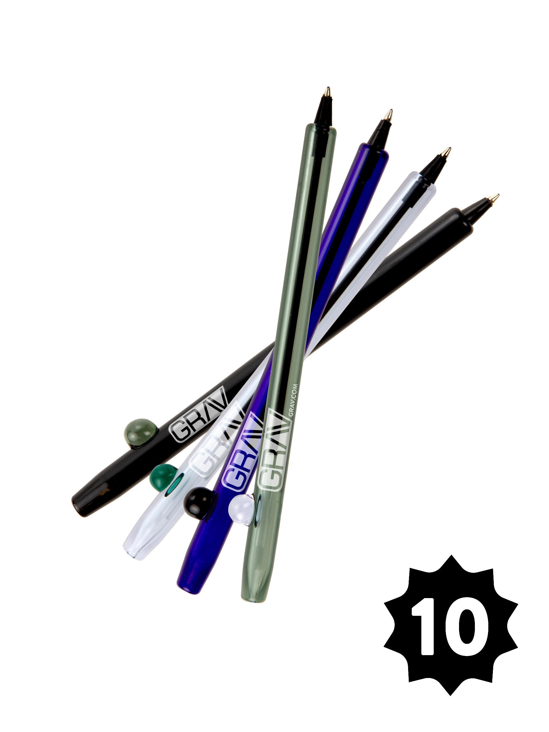A diagonal arrangement showcases the ten GRAV® Boro Writing Pens, each with a sleek black barrel and silver tip.