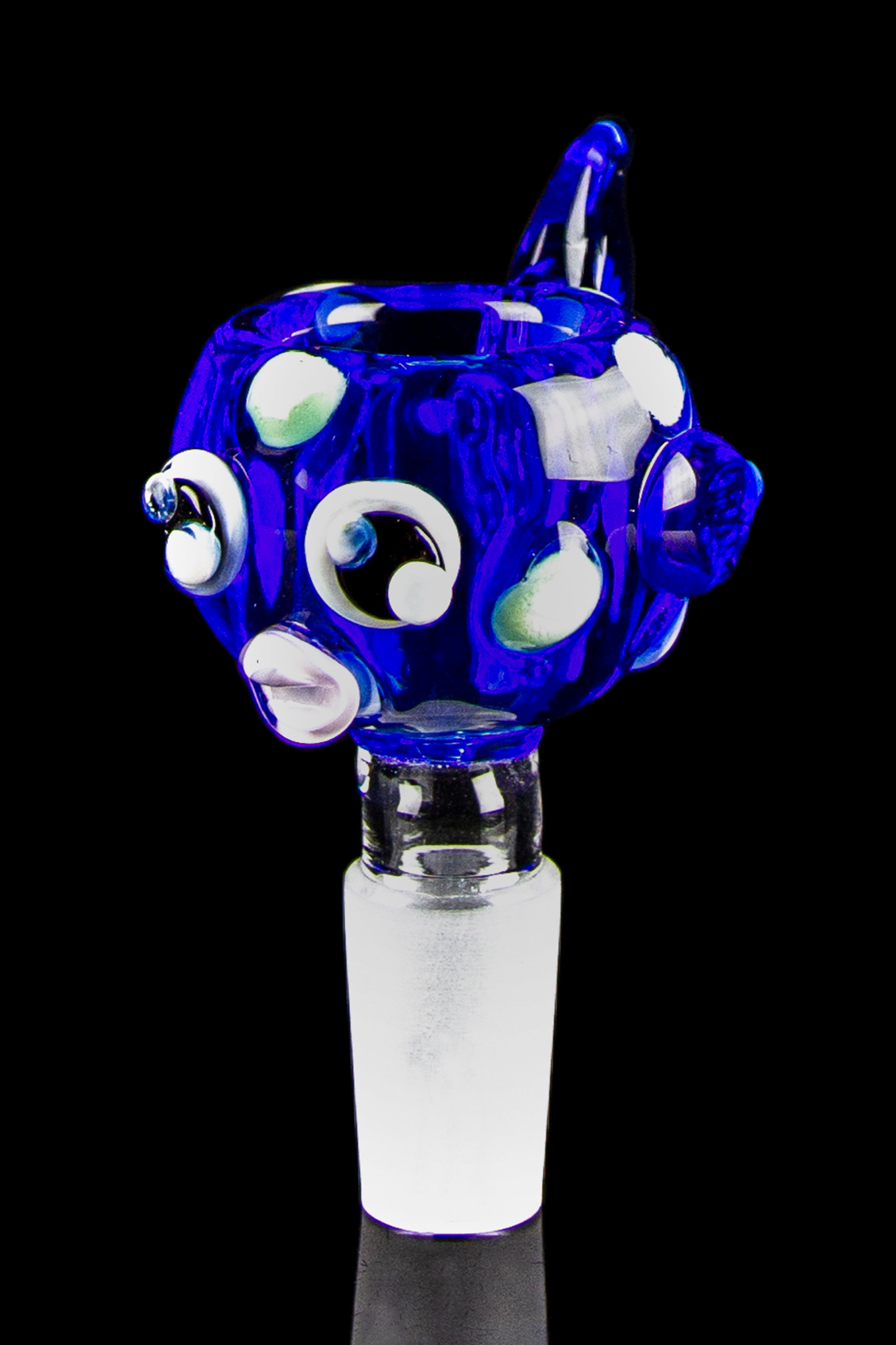 Blue glass cannabis water pipe bowl with white polka dots.
